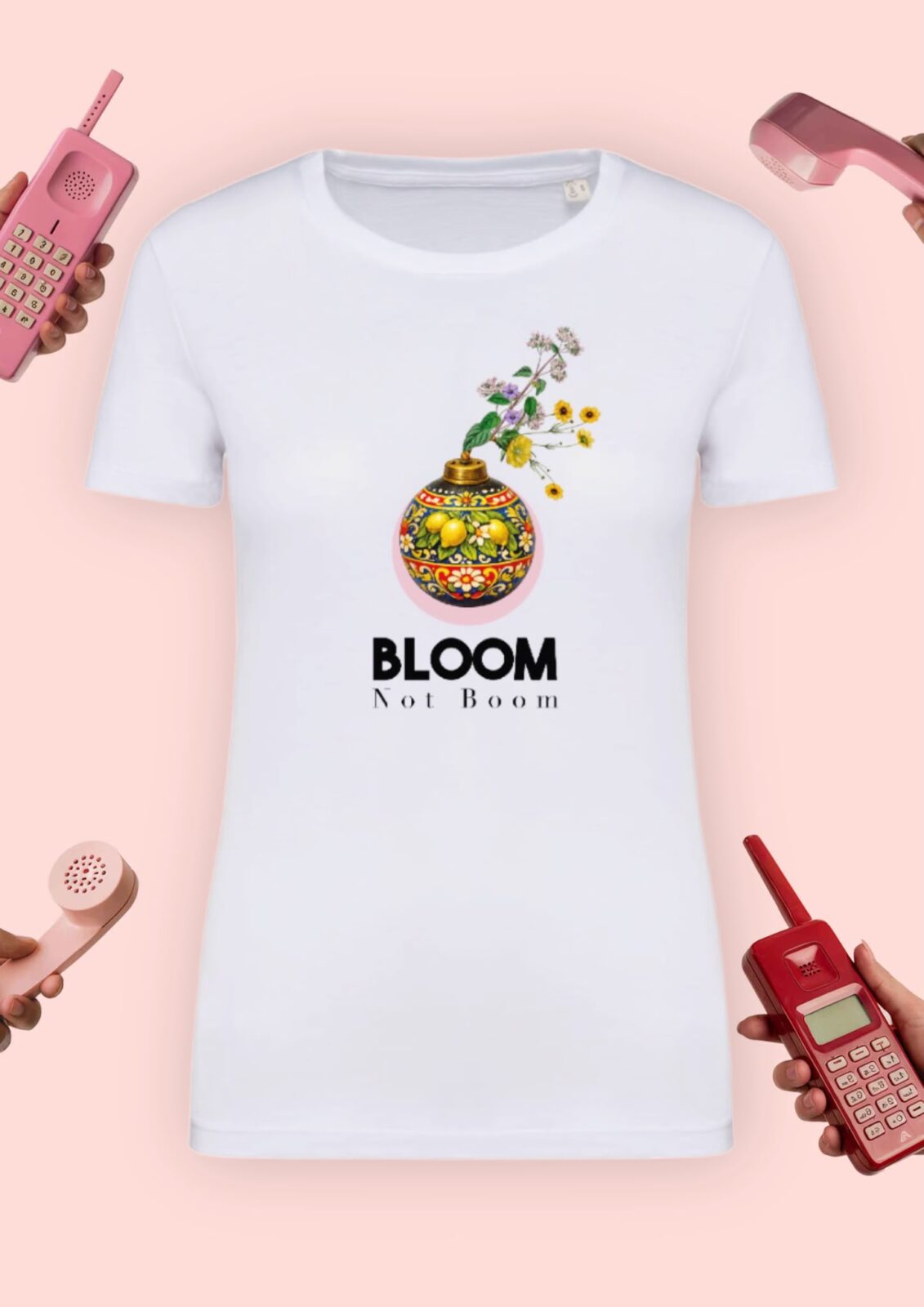 T-shirt con stampa BLOOM, NOT BOOM con bomba a mano decorata con limoni da cui escono fiori - ivygroovy