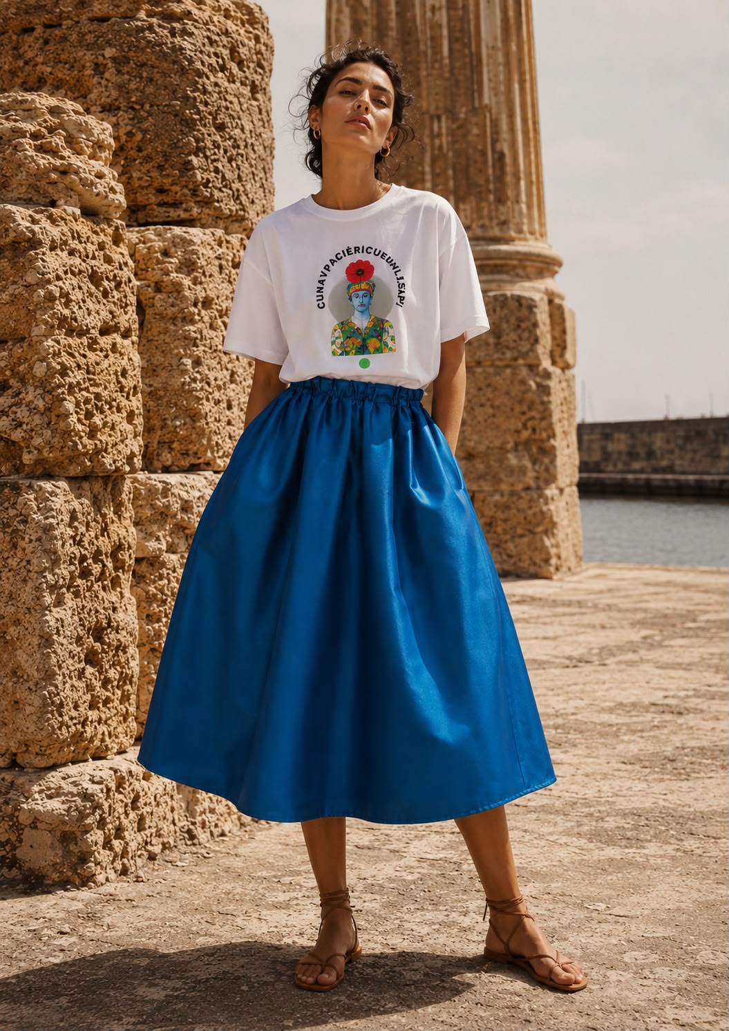 T-shirt CU HAVI PACI È RICCU E NUN LU SAPI con stampa testa di moro, indossata da modella con gonna blu elettrico midi - ivigroovy